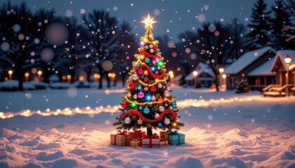 Obraz premium Brightly Decorated Christmas Tree Illuminated in Snowy Landscape with Gifts and Glowing Street Lamps at Dusk