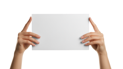 Hands holding blank white paper sheet isolated on transparent background