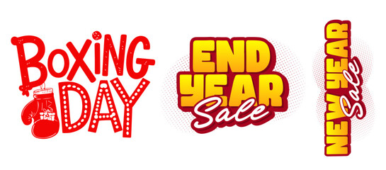 Boxing day and end of year sale promotional graphics with bold text and festive colors