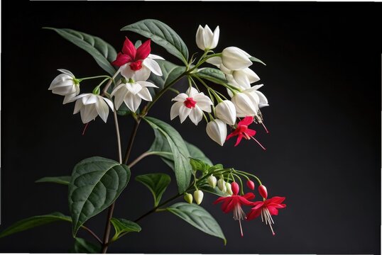 Minimalist studio composition of a single Clerodendrum thomsoniae cluster on a matte dark background,