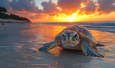 Green sea turtle on wet beach sand at vibrant tropical sunset or sunrise.