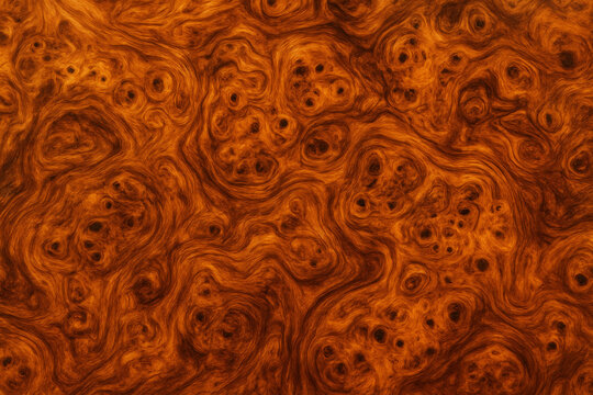 Luxury brown burl wood texture background. Abstract wooden surface with swirling grain pattern and knots. Vintage polished root veneer wallpaper.