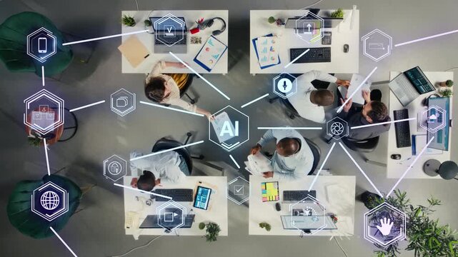 Business office coworkers solve tasks using AI tech, HUD overlay symbolizing futuristic digital ecosystem. Corporate employees enhancing company operations with artificial intelligence, top down view