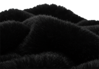 voluminous deep black faux fur shaggy rug with long dense pile, macro close-up showing texture detail, isolated on white background with copy space. concept for luxury textile study
