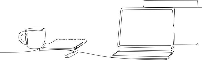 Continuous one-line drawing of a cozy workspace featuring a laptop, a coffee mug (or tea cup), a notepad, and a pen.