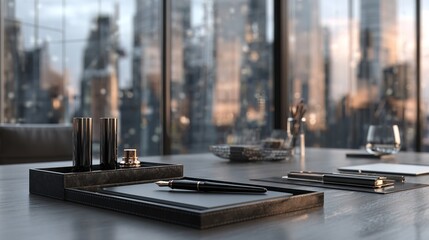 partition. Modern office desk with leather organizer and cityscape reflection, portraying professional workspace. pitch deck slides.