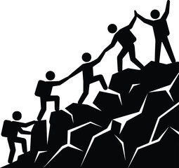 Teamwork climbing mountain silhouette, helping each other reach success, leadership support concept, collaborative effort illustration, group achieving goal through unity and cooperation