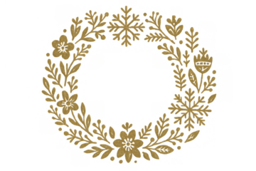 Golden snowflake and floral wreath creating a circular border, winter holiday decorative design with transparent background