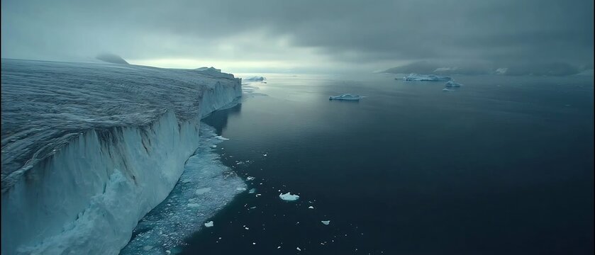 Conceptual: Massive Glacier Cliff and Icebergs in Cold Arctic Waters under a Dramatic Sky.