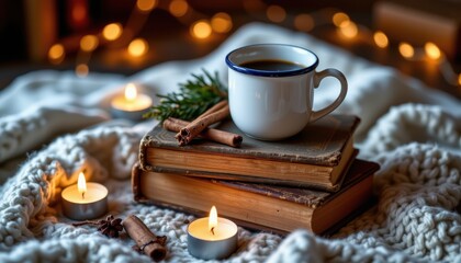 Fototapeta premium Cozy hot beverage with candles and books on a knitted blanket in a warm, inviting atmosphere for autumn or winter settings