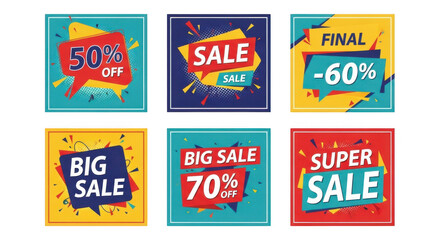 Colorful sale banner designs with discount percentages and vibrant background colors isolated on transparent background
