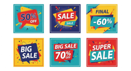 Colorful sale banner designs with discount percentages and vibrant background colors isolated on transparent background