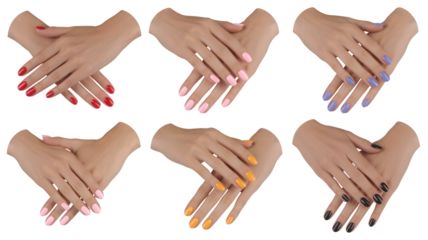 Set of six manicured hands displaying different nail polish colors red, pink, purple, nude, yellow, and black isolated on transparent background
