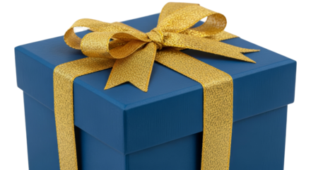 A beautifully wrapped blue gift box with a golden ribbon and bow.