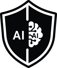 Black and white shield icon with AI text and circuit brain on white background artificial intelligence