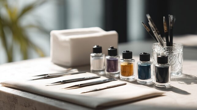 microblading. Neatly arranged microblading tools and pigment bottles on studio table. lifestyle magazines, social media lookbooks, designed for lifestyle magazines and social media content.