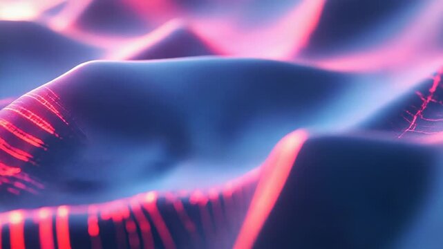 Digital neural network creating glowing pink data waves