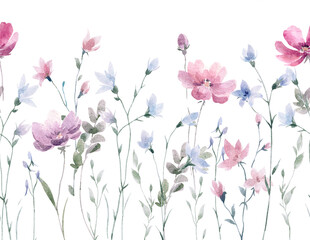 Watercolor floral border with delicate pink, lilac and blue wildflowers. Hand-painted botanical background for wedding design, textile, greeting cards, packaging and spring decor.