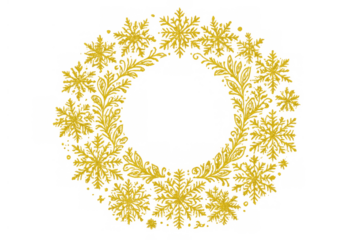 Golden glitter snowflakes wreath creating festive winter frame, shimmering holiday decor transparent background