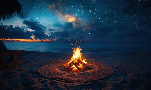 Bonfire on a tropical beach under a clear starry night sky with milky way - Powered by Adobe