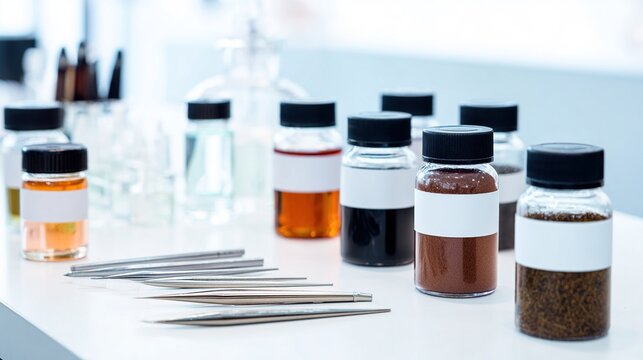microblading. Neatly arranged microblading tools and pigment bottles on studio table. lifestyle magazines, social media lookbooks, designed for lifestyle magazines and social media content.