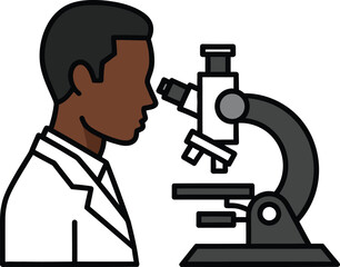 Black scientist in lab coat looking through microscope on white background african american laboratory