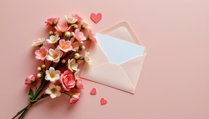 Romantic Flower Bouquet and Envelope with Hearts on a Soft Pink Background for Love and Valentine's Day Theme