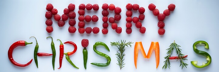 Merry christmas text made with vegetables on light festive background
