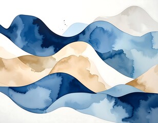 Abstract watercolor artwork showing layered organic shapes in blue, beige, and white