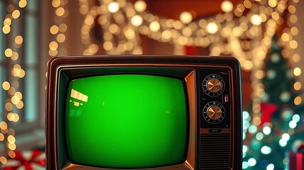 Retro television with a green screen. Festive Christmas holiday background with bokeh lights. Vintage TV mock-up for custom content