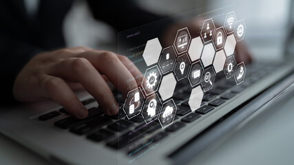 Hexagon interface combining AI, data, analytics, and cybersecurity. AI connects systems, data drives analytics, data supports decisions, and AI enables smart business infrastructure. Latch