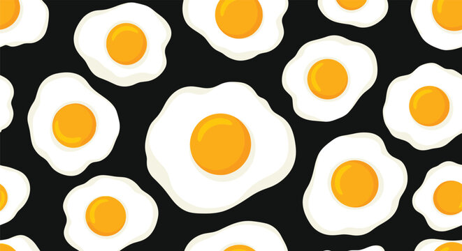 A playful and seamless pattern of sunny-side-up fried eggs scattered across a solid black background for a fun food design.