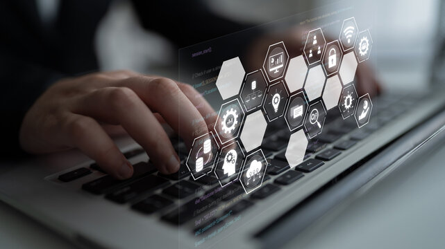 Hexagon interface combining AI, data, analytics, and cybersecurity. AI connects systems, data drives analytics, data supports decisions, and AI enables smart business infrastructure. Latch - Powered by Adobe