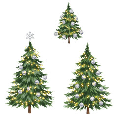 Fototapeta premium watercolor illustration of four stylized christmas fir trees, detailed silver ornaments, warm fairy lights, visible brush strokes, on white void. elegant holiday cheer concept