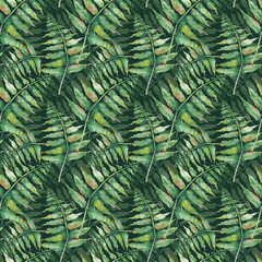 Watercolor seamless pattern with green fern branches. Botanical illustration of a forest plant on a dark green background. Realistic image for decoration of forest themes, packaging, textiles