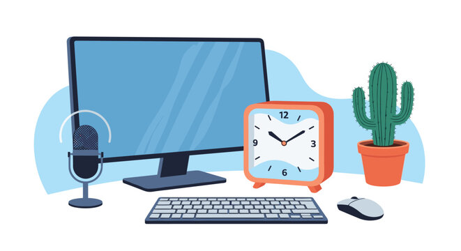 Modern home office workspace with a computer, microphone for podcasting, an orange alarm clock, and a cactus plant on the desk.