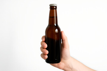 A person holding an empty dark amber glass bottle with a silver cap against a clean bright white studio background for your product advertisement mockup