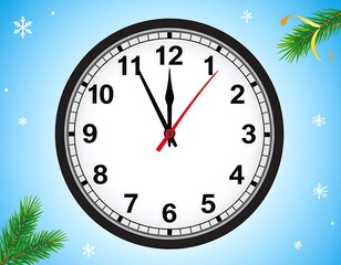 Animated clock nearing midnight on festive winter background with decorations