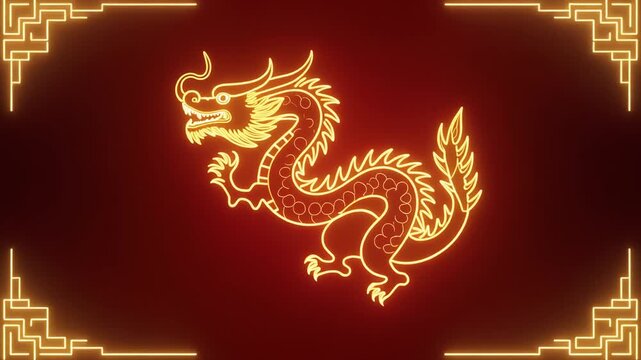 Animated sequence of a glowing gold dragon on red background in traditional Chinese style.