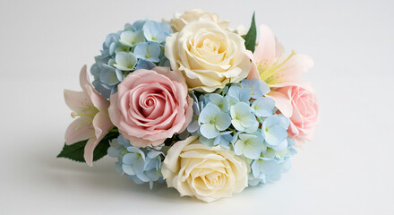 Fototapeta premium �l�gant bouquet pastel de roses lys hortensias aux teintes douces magnifiquement �clair� sur fond blanc pur douceur visuelle. AI Generated
