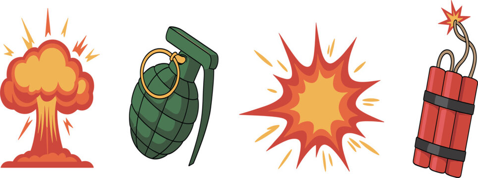 Explosion and bomb set, grenade, dynamite, mushroom cloud, warning danger, powerful blast illustration