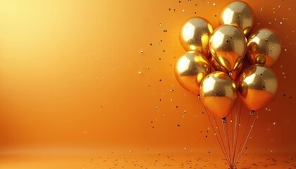 Golden balloons float on orange backdrop with scattered shiny confetti. Festive bunch celebrates birthday anniversary or special event party with luxury and joy. Air filled orbs are shiny.