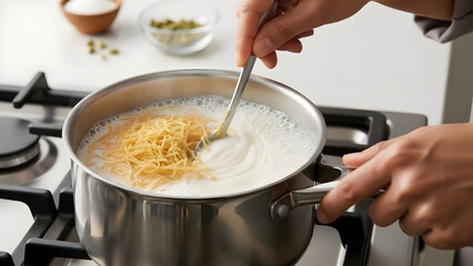 Preparing creamy pasta sauce in a stainless steel pot