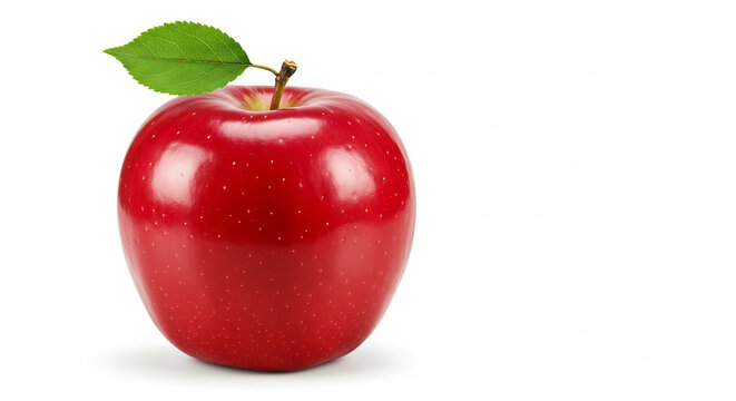 Pomme rouge eclatante et croquante avec sa feuille verte detaillee eclairage studio impeccable sur fond blanc pur. AI Generated