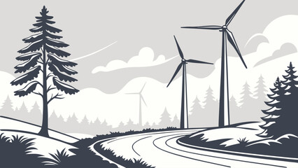 Obraz premium Illustration of wind turbines and trees along a road in a monochrome landscape drawing style