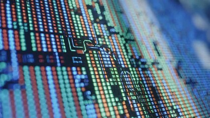 A mesmerizing closeup view of a vibrant digital screen displaying intricate patterns of illuminated pixels and glowing circuitlike lines representing the complex world of data processing advanced tec. - Powered by Adobe