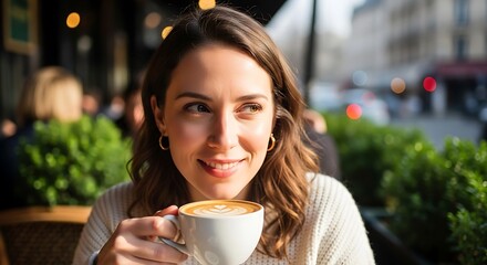 Young woman enjoying a warm cup of coffee at an outdoor cafe