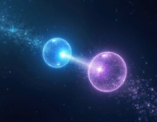 Fototapeta premium Abstract cosmic visual of two glowing particles connected by energy beam. Digital simulation shows linked spheres interacting in dark universe. Quantum physics concept illustration.