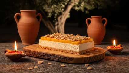 Mango cheesecake slice presented on a rustic wooden board with glowing oil lamps and ancient terracotta amphorae, evoking a mediterranean or ancient theme