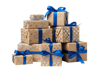 a curated stack of cube and rectangular christmas gifts wrapped in textured natural kraft paper and vibrant cobalt blue satin ribbons, isolated high-key on a transparent background. Modern rustic